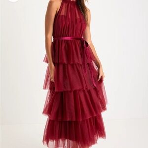 Lulus wine red tulle tiered halter midi dress